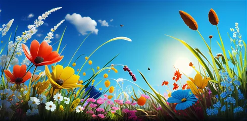 Wall murals Blue Beautiful spring landscape with colorful wildflowers in a green meadow on a blue day, generative AI