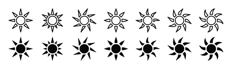 Sun icon set. Sun shines or sun ray icon. Sun icons vector with line and flat style for apps and websites, symbol illustration