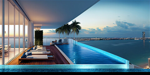 Naklejka premium Luxury penthouse terrace with a swimming pool overlooking Miami, generative AI