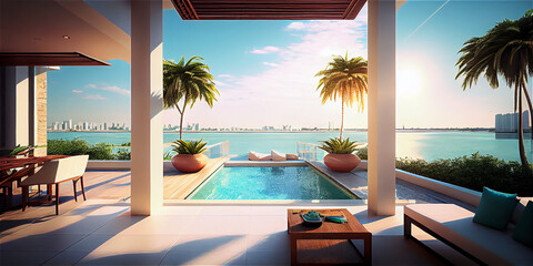 Impressive luxury penthouse terrace with a swimming pool overlooking Miami, generative AI - obrazy, fototapety, plakaty