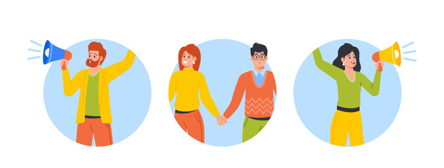 Man With Loudspeakers, People Holding Hands Isolated Round Icons Or Avatars. Refer A Friend Program, Advertising, Promo