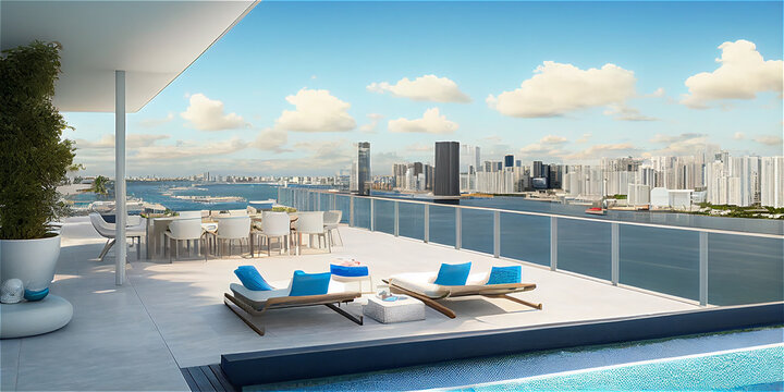 Luxury penthouse terrace with a swimming pool overlooking Miami, generative AI