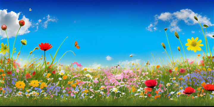 Spring landscape with colorful wildflowers in a green meadow on a blue day, generative AI © FrankBoston