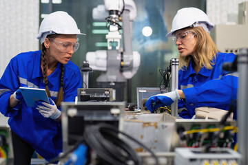 Female Electronics Factory Workers use tablet pc quality checking Circuit Boards after assembly