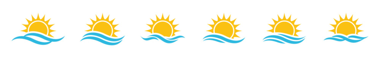 Sunrise and sunset icon. Sun shines or sun ray icon. Sun over sea or ocean icons vector with line and flat style for apps and websites, symbol illustration