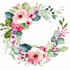 Floral wreath with beautiful elegant flowers and leaves. Generative AI
