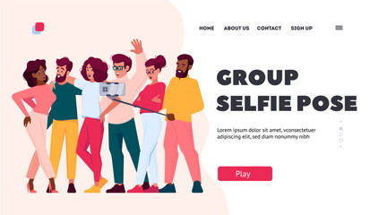 Group Selfie Pose Landing Page Template. Friends Taking Selfie, Diverse People With Happy Faces Standing Together
