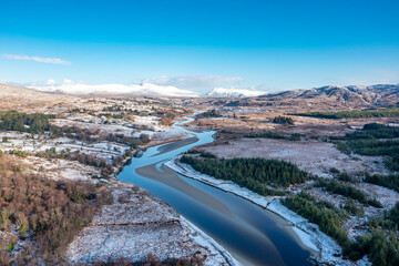 Aerial view of snow covered Gweebarra River between Doochary and Lettermacaward in Donegal - Ireland