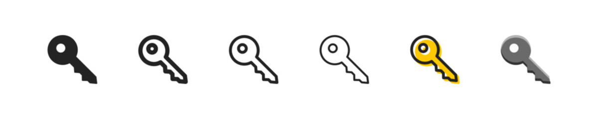 Key set of six icons in different styles. Open, access, password, secret code, lock. account, door, safe, confidentiality, reliability. Security concept. Set of vector icons on a white background.