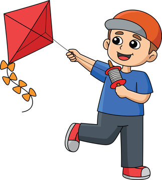 Spring Boy Flying a Kite Cartoon Colored Clipart 