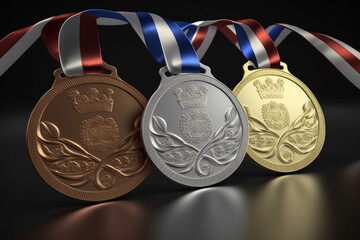 Olympic medals with ribbon, gold silver and bronze metals, for winners of sport events or competitions - obrazy, fototapety, plakaty