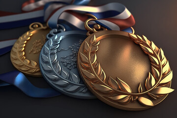 Olympic medals with ribbon, gold silver and bronze metals, for winners of sport events or competitions - obrazy, fototapety, plakaty