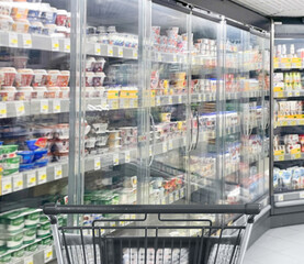 empty grocery cart in an empty supermarket
