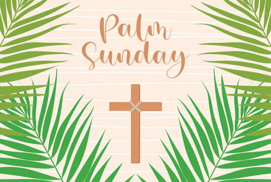 Congratulations on Palm Sunday, Easter and the Resurrection of Christ. Palm Sunday banner as religious holidays background. Christian Cross.