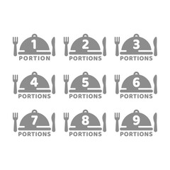 Meal portion size with dish cover vector icon set. One, two food portions icons.