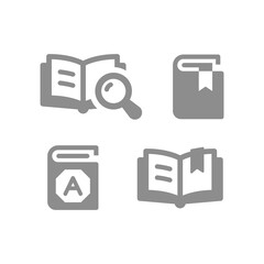 Book, open and textbook vector icon set. Dictionary, magnifying glass and bookmark icons.