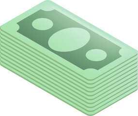 Vector green paper dollars banknote stack isolated on white background. Isometric Dollar stack icon design template. Money icon and label