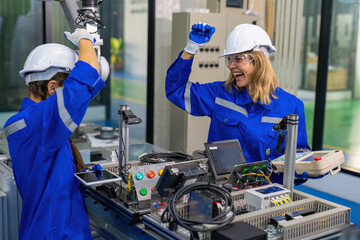Fototapeta premium Female Electronics Factory Workers use tablet pc quality checking Circuit Boards after assembly