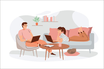 Working at home orange concept with people scene in the flat cartoon style. Young couple work at home and earn money from it. Vector illustration.