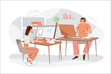 Fototapeta premium Call center orange concept with people scene in the flat cartoon style. Call center employees receive calls from customers and help for them. Vector illustration.