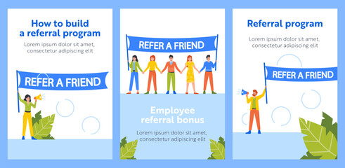 Fototapeta na wymiar Refer A Friend Cartoon Banner. Group Of People With Loudspeakers And Large Banner Promoting Referral Program