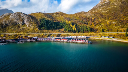  Lofoten Rorbu Lodge, Lofoten islands, Norway. October, fall, drone photo