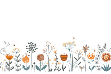 Fairy flowers and herbs border in Scandinavian style, seamless vector pattern. Doodle flower meadow background with honey bees. Design for fabric, cards, wallpaper, home decor, craft packaging.