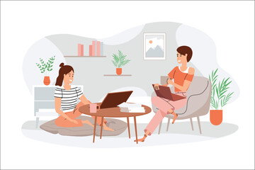 Orange concept freelance working with people scene in the flat cartoon style. Two friends work according to a free schedule and get pleasure from work. Vector illustration.