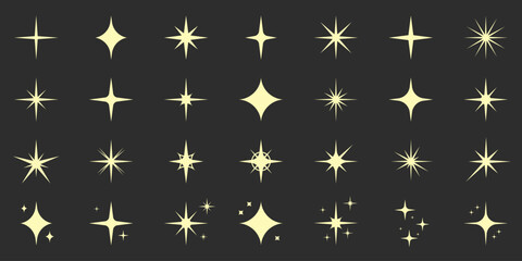 Sparkle Gold Star Silhouette Icon Set. Glow Spark Flash Stars Pictogram Collection. Shine Burst Magic Decoration Symbol. Glistering Effect Light. Golden Twinkle Flare. Isolated Vector Illustration