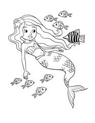 Mermaid and a Fish Isolated Coloring Page for Kids