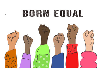 Hands of diverse group of people putting together and different colors. different but equal, stop racial discrimination. fist isolated on white background. banner design