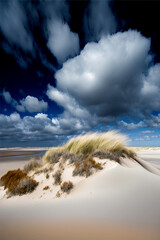 Amazing blue sky with white in motion clouds on the sand dunes. Windy day at the beach. Generative AI