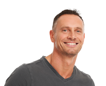 A cheerful young mature caucasian man in casuals smiling in confidence isolated on a png background. Expressing positive emotions. - Powered by Adobe