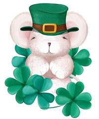 Cute St.Patrick's Day plush fluffy baby mouse or mousekin in an Irish hat with clover and shamrock. Cartoon child character. Digital watercolor illustration. Greeting card. Stylized decorative symbol