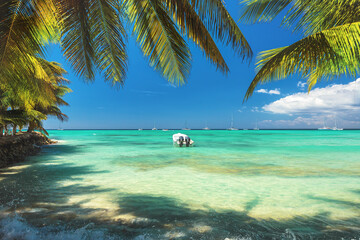 Tropical beach, palm tree and speed travel boat in Punta Cana, Dominican Republic - obrazy, fototapety, plakaty