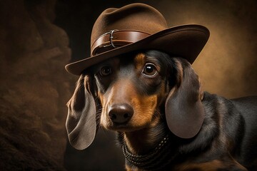 Dachshund Dog archeologist with hat illustration generative ai - obrazy, fototapety, plakaty