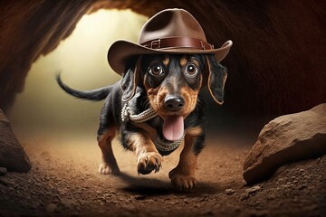 Dachshund Dog archeologist with hat and whip escaping from danger illustration generative ai - obrazy, fototapety, plakaty