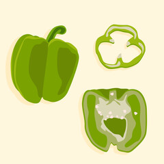 Green bell pepper. Vector illustration. A whole pepper, a pepper wedge, and a pepper cut in half. Healthy food.