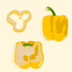 Yellow bell pepper. Vector illustration. A whole pepper, a pepper wedge, and a pepper cut in half. Healthy food.