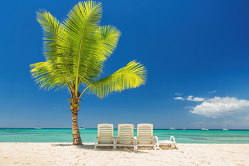 Palm tree and sunchair on Exotic Tropical island beach in Punta Cana, Dominican Republic