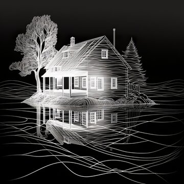 Continuous Line Drawing Of House And Lake On Transparent Background,very Light Laser Digital Modern Futuristic Blueprint Lightning Windows White House Holographic  New Tech Generative AI