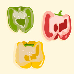 A set of red, green and yellow bell peppers cut in half. Vector illustration. Whole pepper isolated. Healthy food. Veganism.