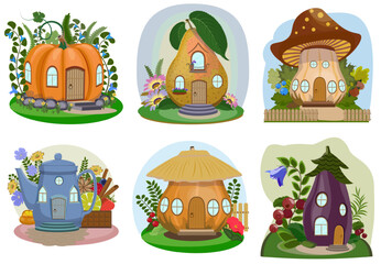 Cartoon fairytale houses for little animals and fantasy inhabitants.  Pumpkin, pear, mushroom, tea pot, eggplant. Vector illustration