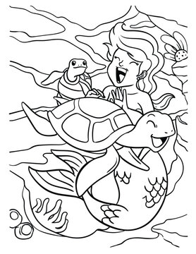 Mermaid Playing with Turtle Coloring Page for Kids