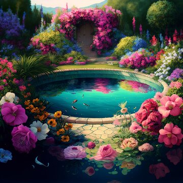 garden pool, full of flowers beautiful amazing water sun bush color rainbow fish quiet, calm, peaceful place  aqua plants Generative AI