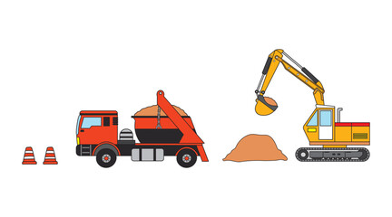 clip art color children set of construction mini excavator, dump truck, and traffic cones