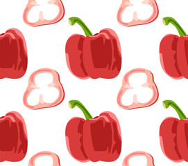 A whole red bell pepper and a pepper cut in half. Seamless pattern in vector. Natural product. For print and background.