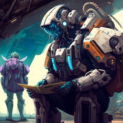 space school, fantasy, robots, futuristic learn teach travel droid lesson digital technology education iron metal strong tablet holograph Generative AI