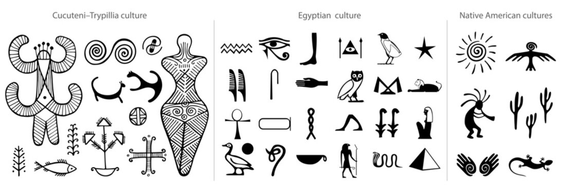 Cucuteni&ndash;Trypillia culture symbols vector set. Egyptian hieroglyphs isolated on white. Kokopelli fertility deity, hand with a spiral symbol on the palm, eagle or raven bird,  lizard, sun and cacti. 
