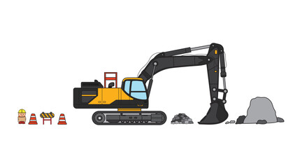 Vector illustration color children Heavy Machinery Excavator Construction Equipment with rocks and construction worker